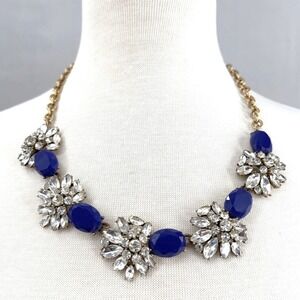 J.Crew Royal Blue Rhinestones Crystals Chunky Floral Statement Necklace Gold